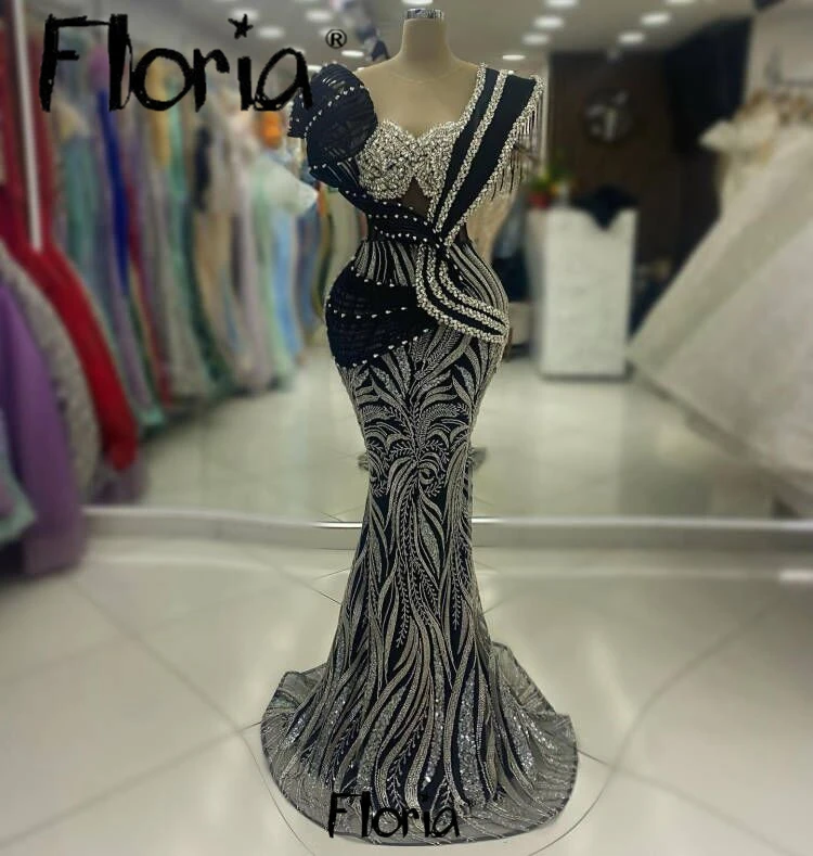 Floria Luxus Dubai Kristalle Federn schwarz Abendkleid lange Ärmel Saudi-Arabien Frauen formelle Party kleider Geburtstags kleid