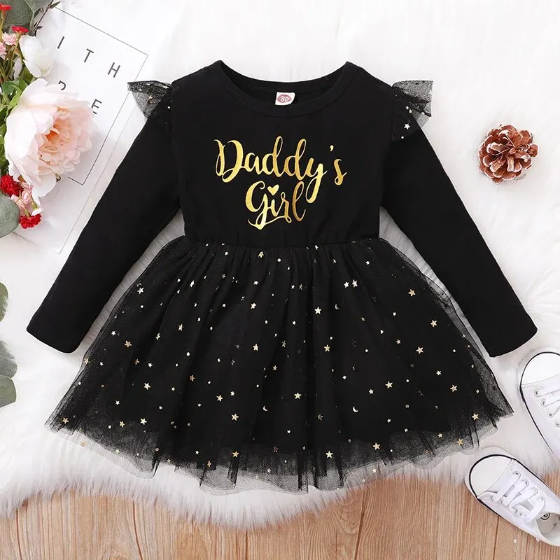 Princess Party Dress Daddy's Girl Long Sleeve Patchwork Mesh Star Skirt Spring &Autumn Clothes for Toddler Girl 3-24 Months