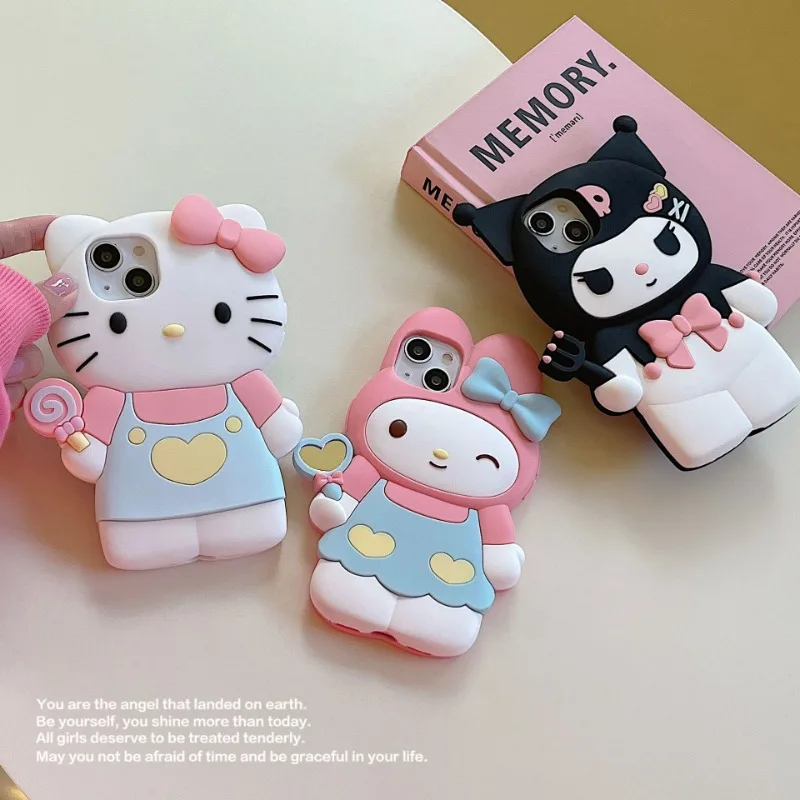 Sanrio Hello Kitty 3D Stereoscopic Phone Case For IPhone 16 15 14 13 12 11 Pro Max XR XS Kuromi Melody Silicone Soft Back Cover