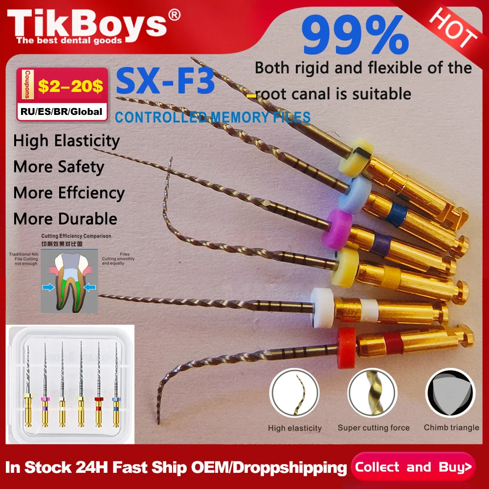 

6Pcs/Box Dental Niti Endodontic Super Elastic Rotary File Silver 21mm/25mm/31mm SX-F3 Flexible Files F4 F5 S1 Dental Instrument