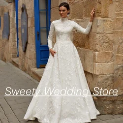 High Neck Muslim Wedding Dresses Bride Full Sleeves Sequined Lace A Line Sweep Train Islamic Bridal Gown Vestido De Noiva