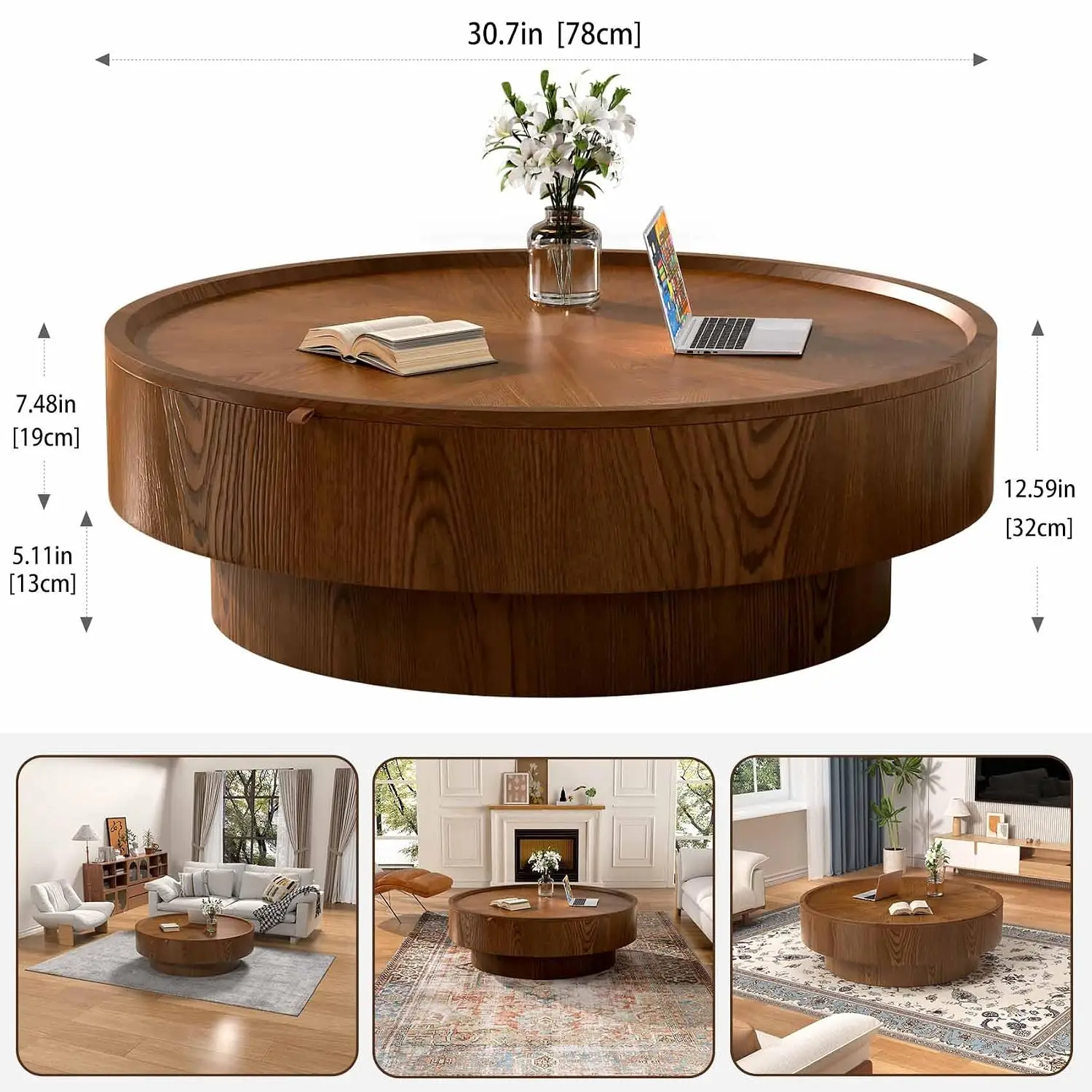 Drum Round Coffee Table Storage 30 inch Wear-resistant Scratch-resistant Veneered Living Room Apartment Office, Customized