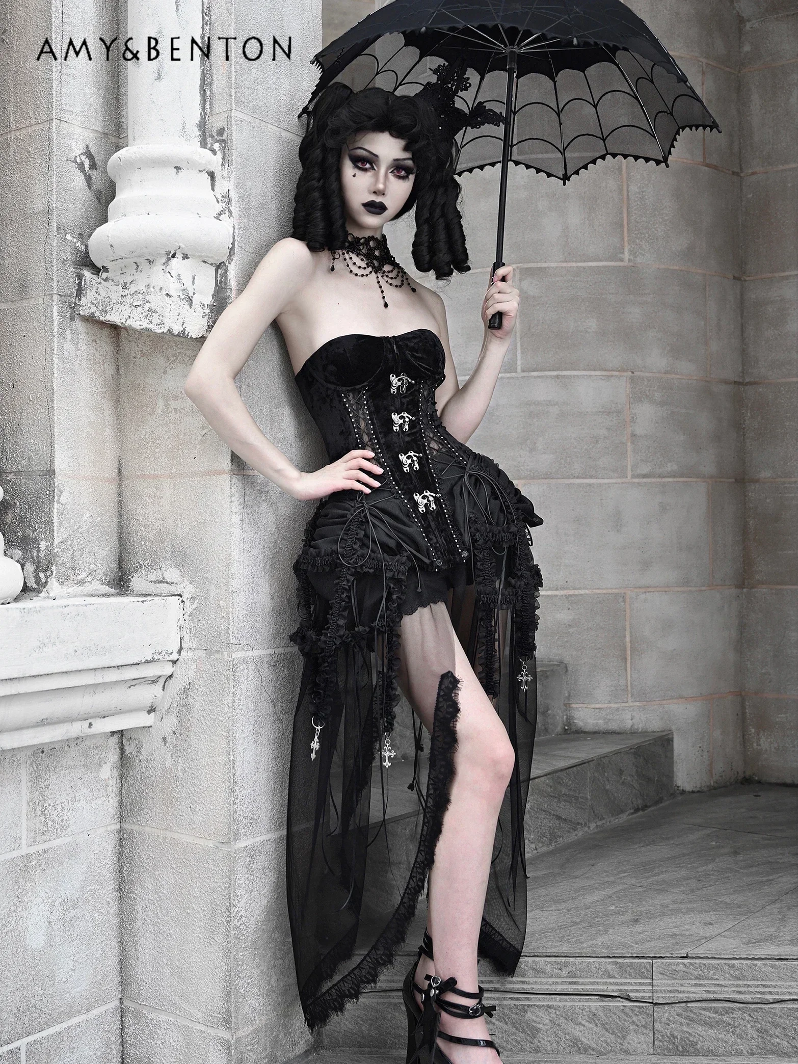 Blood Supply Original Gothic Fishbone Strap Corset Three-piece Sets Subculture Sexy Strapless Sleeveless Top Irregular Mesh Hem