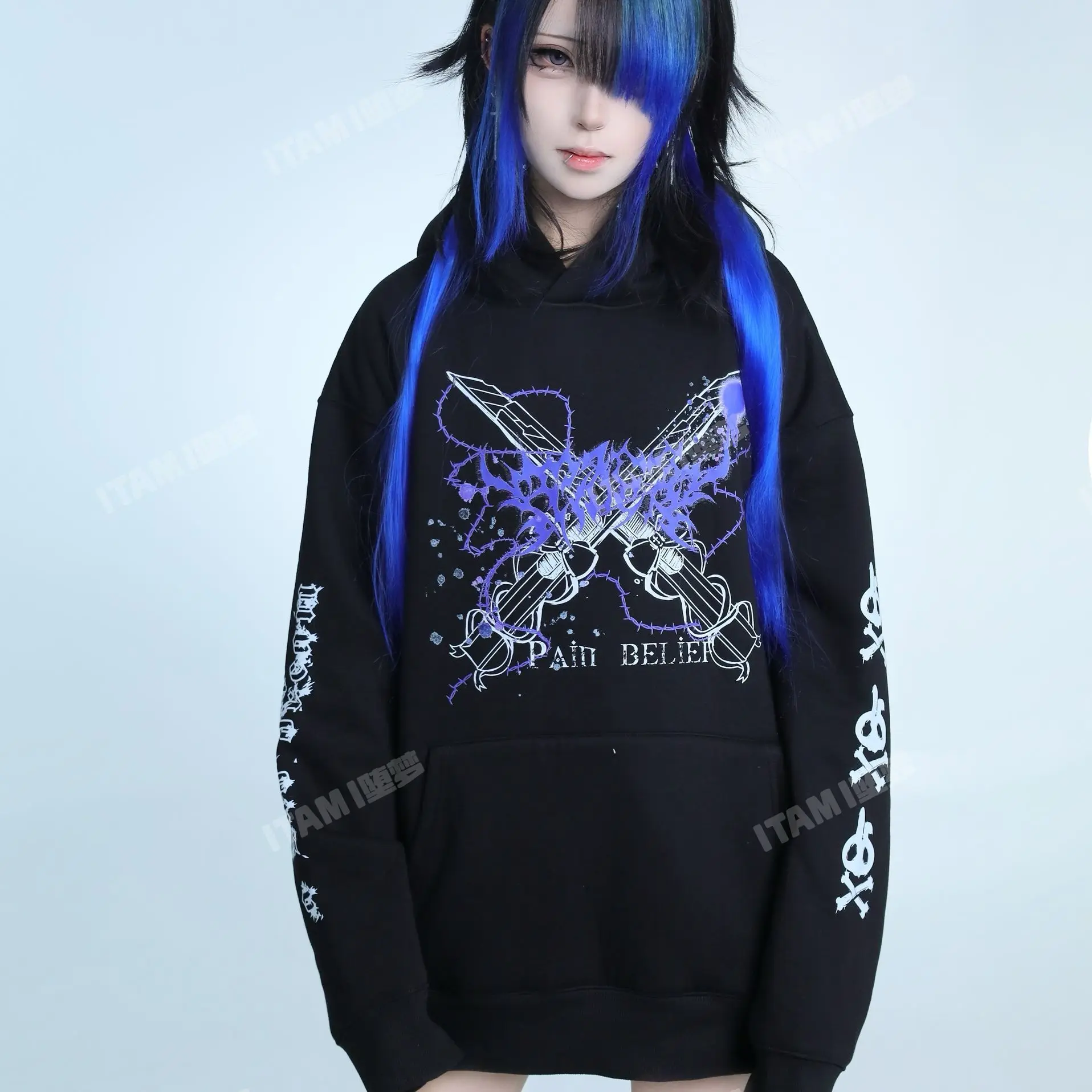 Subculture Y2k Black Hooded Warm Fleece Hoodies Spring Autumn Cute Printed Loose Casual Top Women's Sweet Punk Gothic Sweatshirt