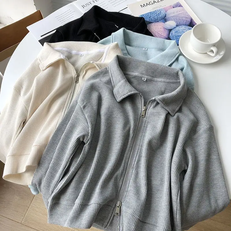 Short Double Zipper Loose Women's Jacket Korean Style Cotton Waffle Design Casual Cardigan Trendy Top Polyester Fiber