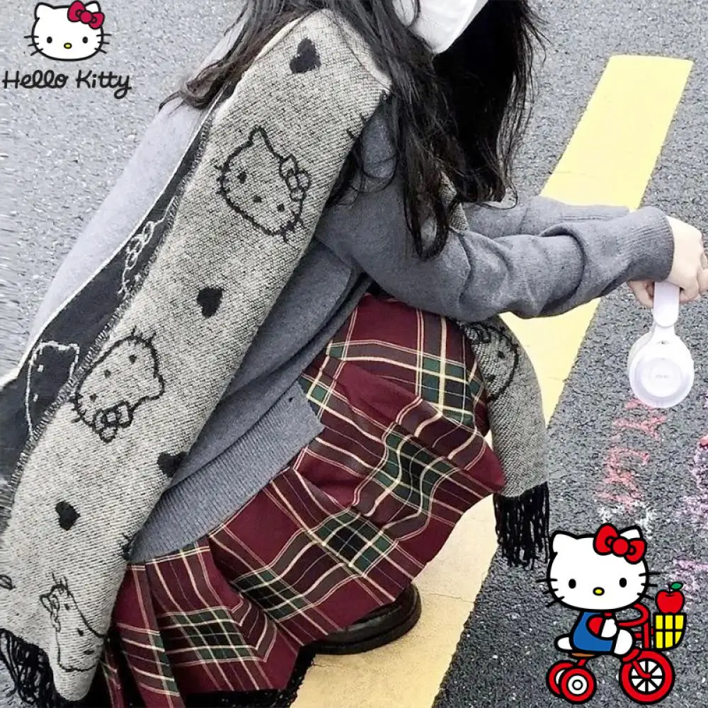 Y2K Hello Kitty Scarf Sanrioed Plush Double Sided Scarf Anime Kawaii Winter Warm Thicken Cute Sweet Student Girls Festival Gift