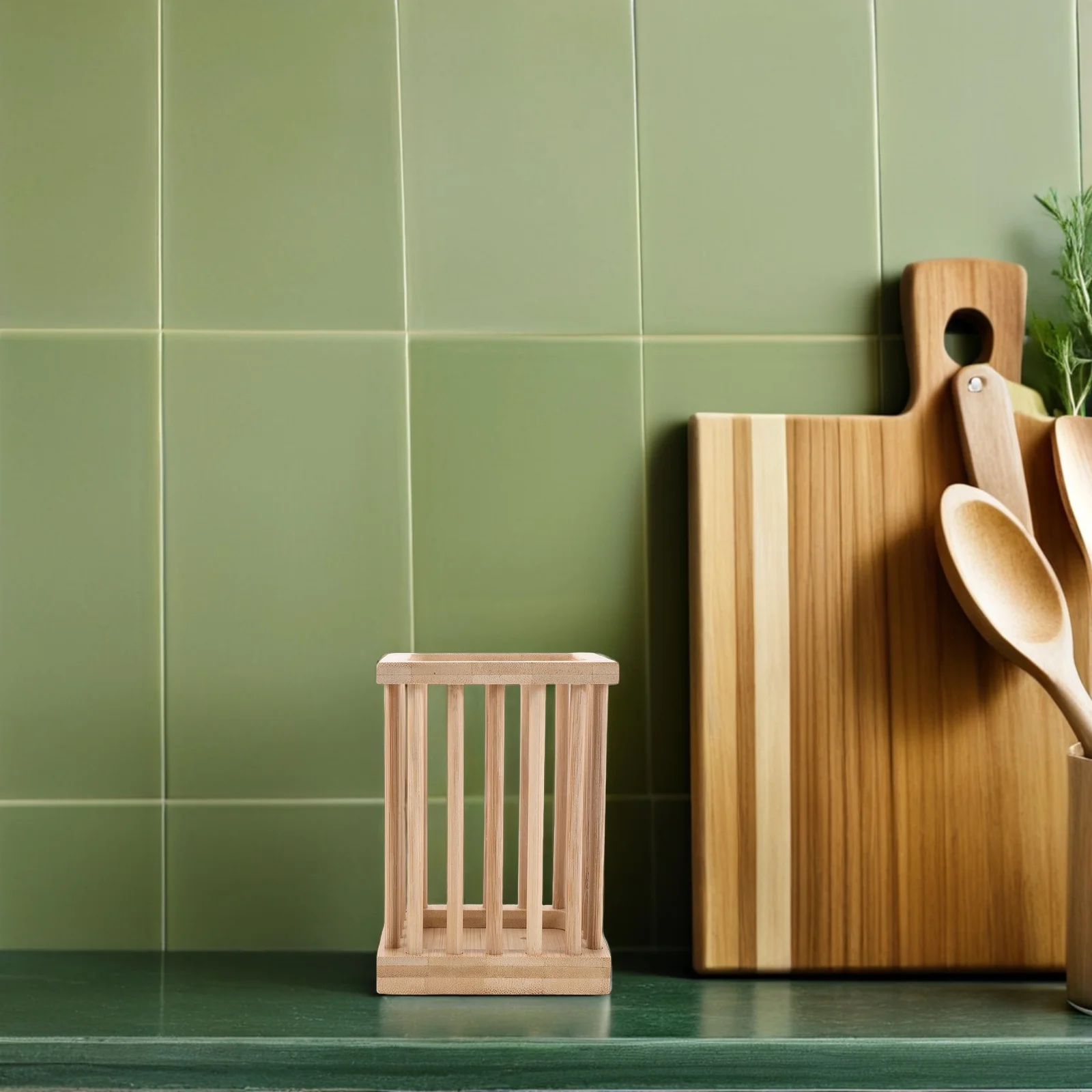 

Bamboo Hollow Utensil Holder Kitchen Countertop Chopstick Spoons Forks Organizer Fast Drainage Japanese Style Kitchen Decor