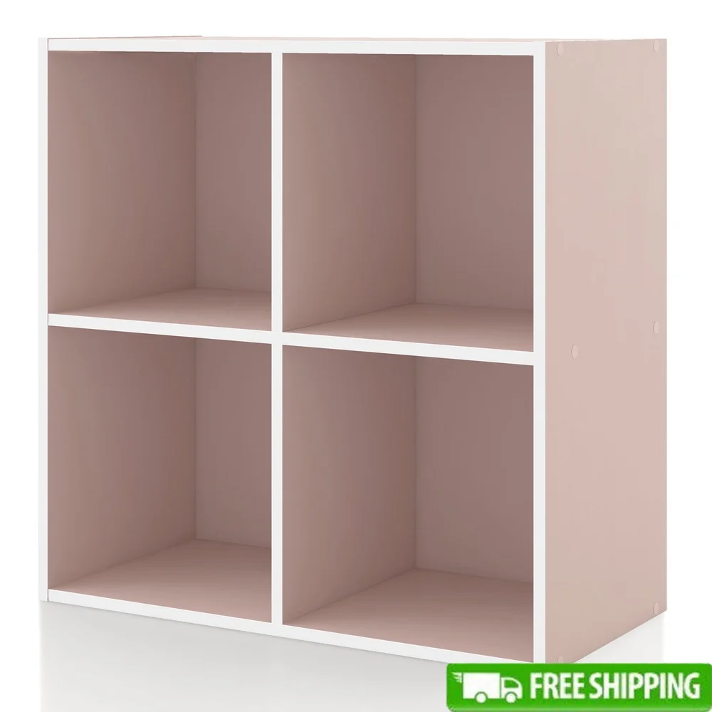 

Штабелируемые полки для хранения кубов, современный деревянный книжный шкаф, детская комната, офис, простая сборка, органайзер с 4 полками, светло-розовый