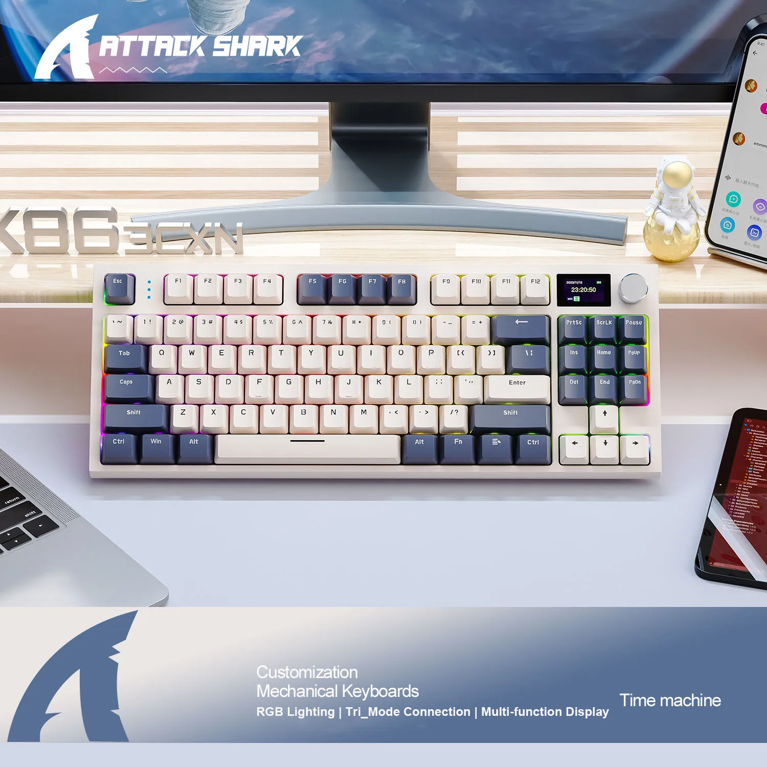 

Attack Shark K86 RGB Wireless Mechanical Keyboard,Hot Swap,Metal Knob,TFT Screen,Bluetooth Three-Modes,Macro Gaming Keyboard