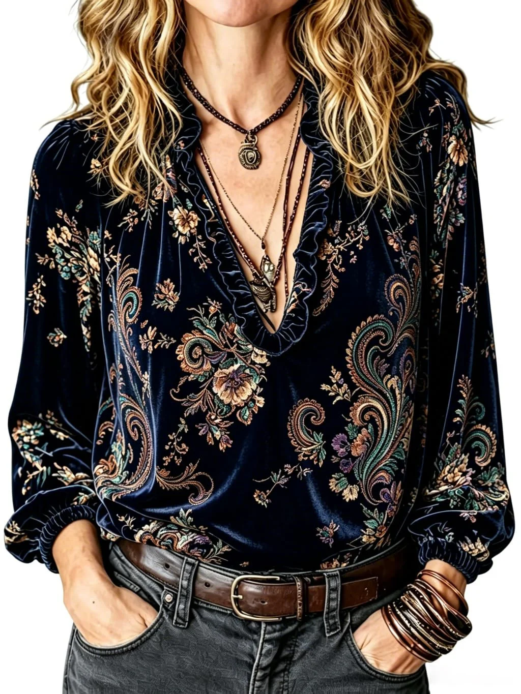 Blusa de veludo dourado com estampa vintage, gola V, manga comprida, para outono/inverno, feminina, estilo streetwear de luxo, nova, para festas.
