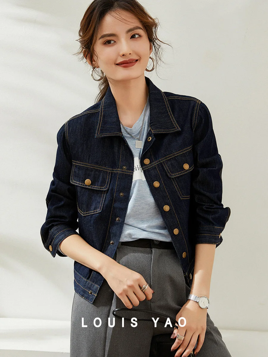 LOUIS YAO 2024 Spring Autumn Vintage Washed Blue Bright Thread Jacket Casual Collar Single Breasted Denim Jacket for Women