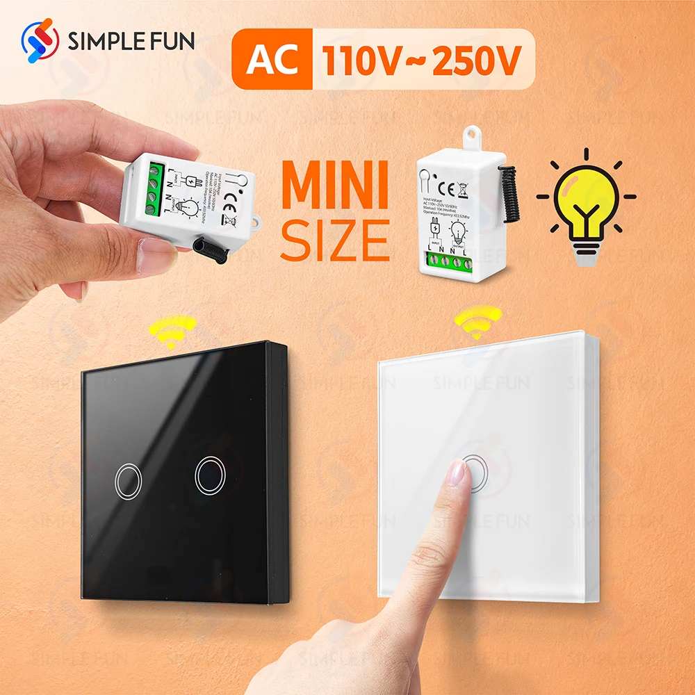 433Mhz Wireless Remote Control Light Switch 110V 220V 230V 86-Type Wireless Touch Panel Switch Mini RF Relay Module for Lamp LED