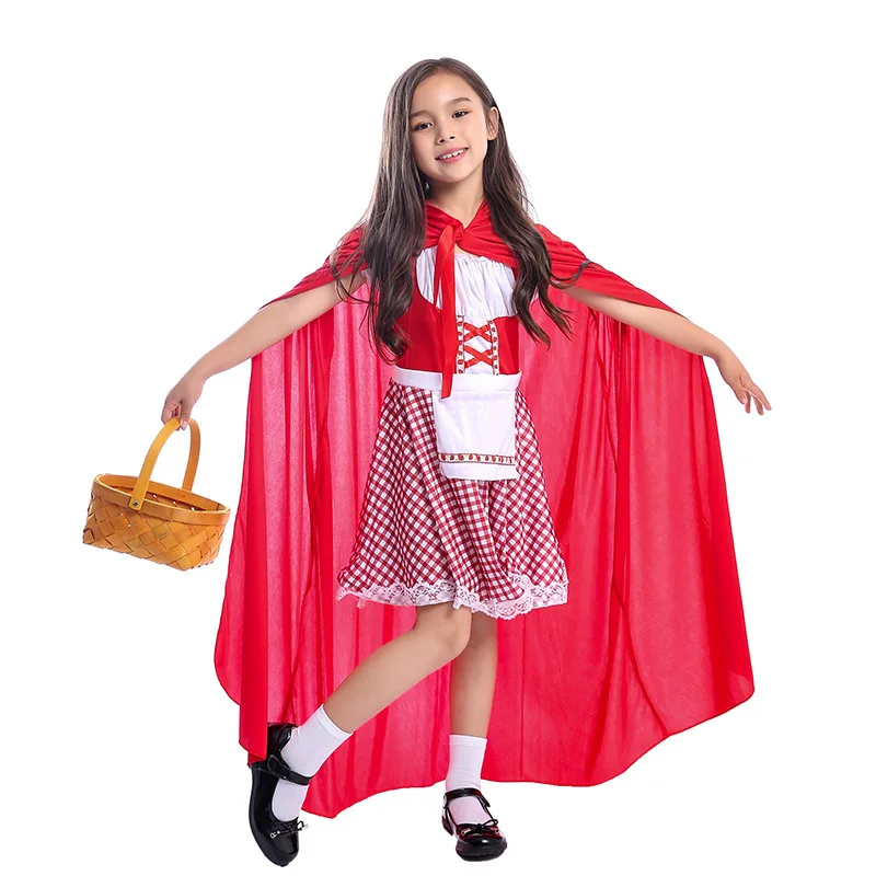 Kids Girls Red Cheery Little Red Ridding Hood Sweet Storybook Character Halloween Cosplay Costume for Children Forest Adventure