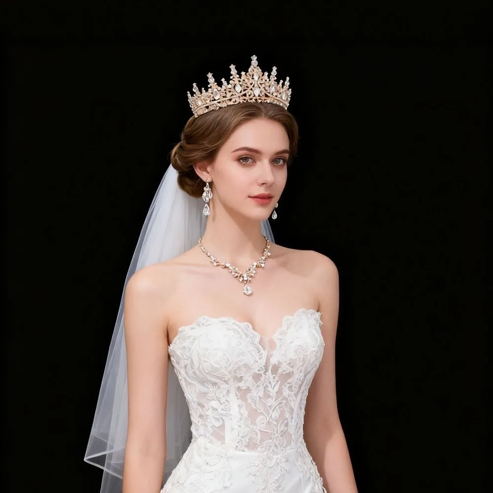 

3 Pcs Shiny Bride Jewelry Sets Hair Ornaments Metal Luxury Wedding Tiaras Elegant Exquisite Necklace Earrings and Crown Sets