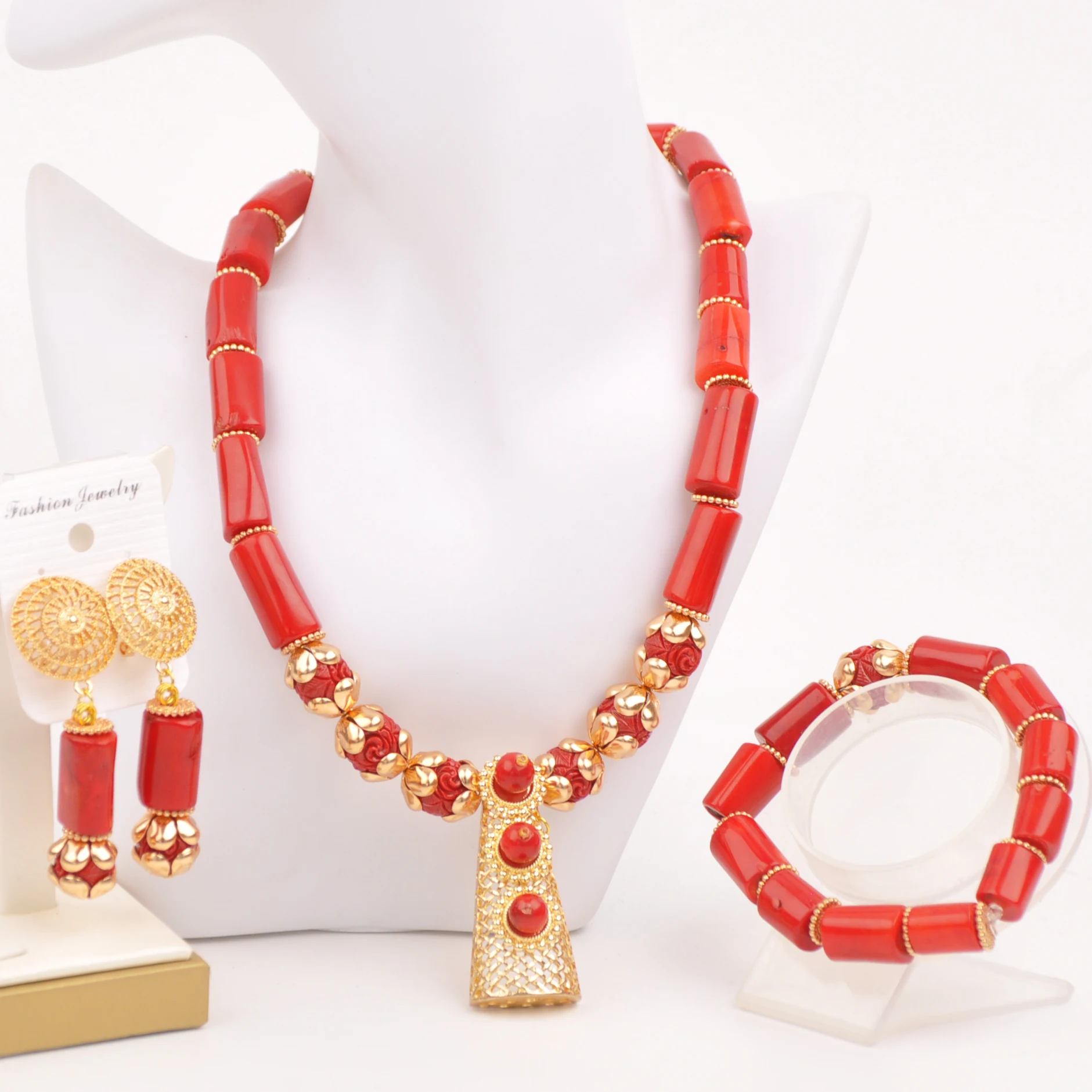 

Fashion Necklace Red Nigerian Wedding African Coral Beads Bridal Jewelry Sets