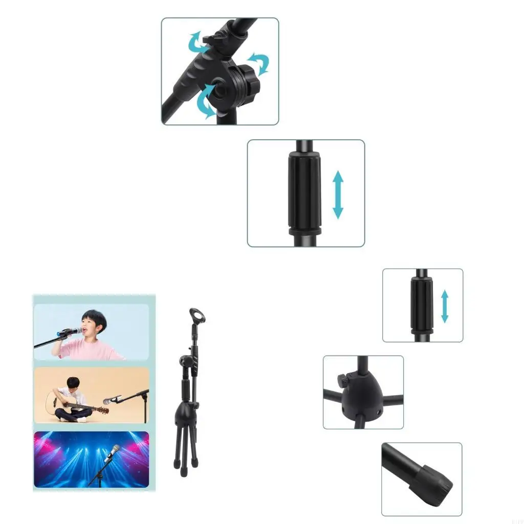 E1PF Portable Low Profile Microphone Stand For Guitar Erhu With Adjustable Boom Arm And Stable Base Design Black