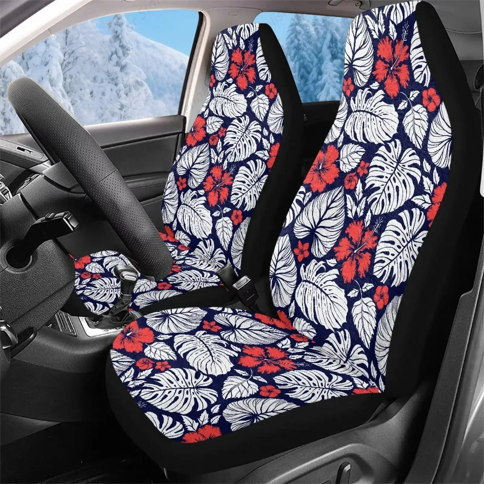 

Tropical Palm Leaves Fluffy Furry Car Seat Covers For Women, Thick Warm Auto Seat Covers Front Seats Only Universal