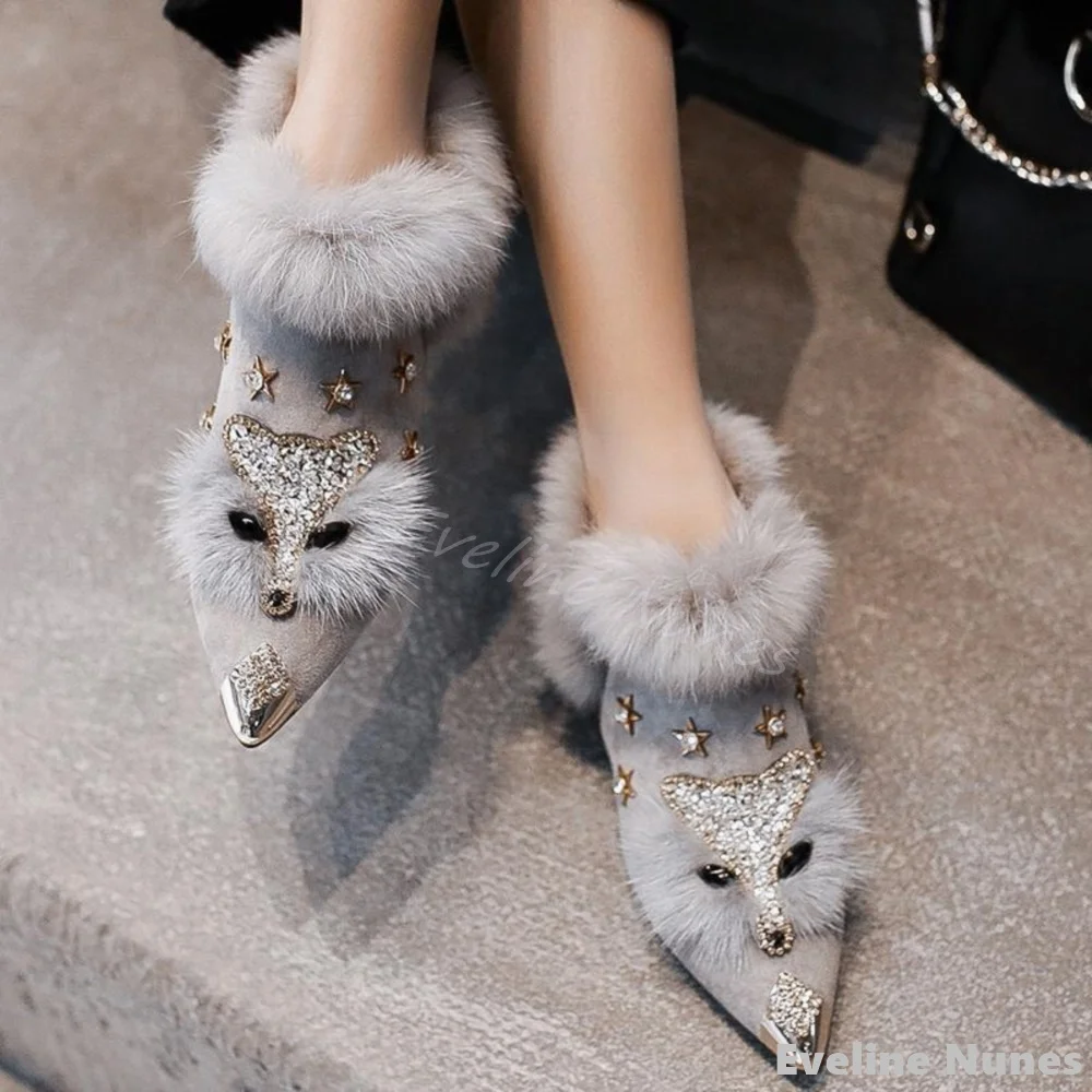 Plush Fox Head Ankle Boots Women Flannel Shiny Crystal Metal Toe Cap Chunky Heels Casual Boots 2024 New Fashion Slip On Boots