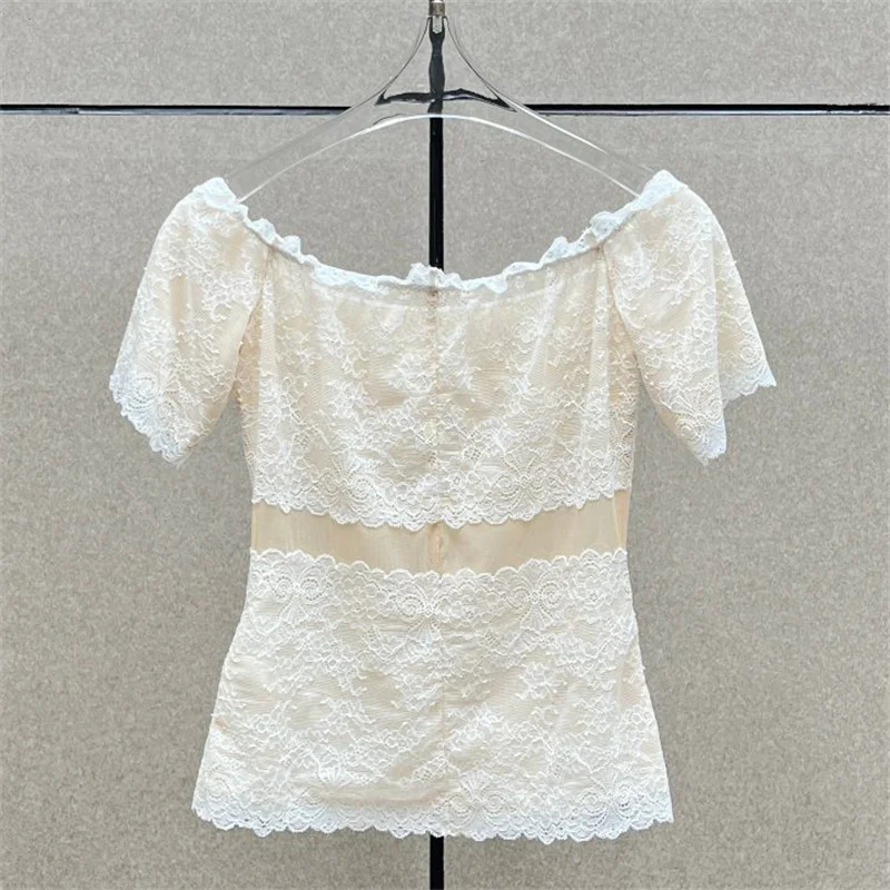 Women's t-shirt New elastic slim fit short sleeved top for summer 2026 Lace patchwork women's tight corset women's tops crop top