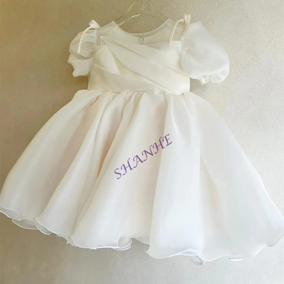 فساتين فتاة الزهور مخصصة بيضاء مكشكشة أنيقة الأميرة الأورجانزا الكرة ثوب للأطفال حفلة عيد ميلاد فستان التواصل الأول #1