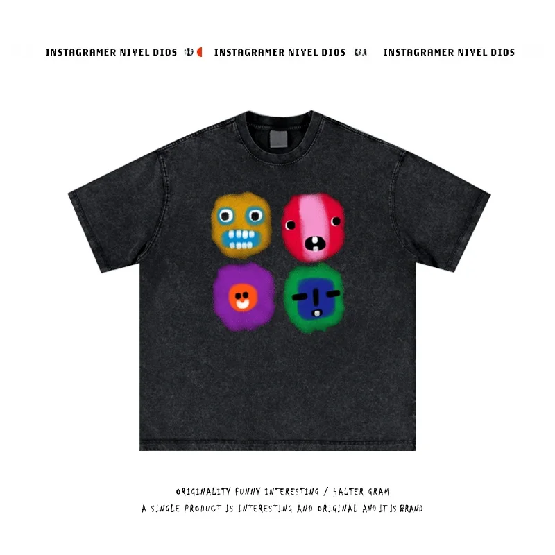 

American Sle Heavyweight 280g Pure Cotton ort Sve T-irt Men Women Waed Vintage fiti Cartoon Print Casual Top