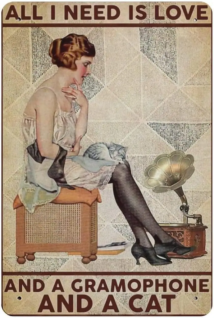 Металлический жестяной знак-винтажные жестяные знаки все, что мне нужно, это любовь граммофон и кошка, ретро металлический жестяной знак, винтажный алюминиевый знак для дома Cof
