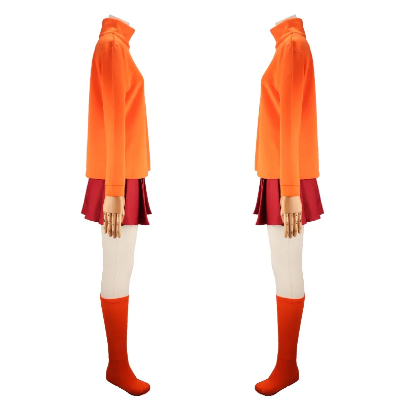 Anime Velma Seragam Cosplay Kostum Pomarańczowa krótka spódniczka Uniform Wanita Oranye Kaus Kaki Rok Atas Halloween Party Zestaw karnawałowy