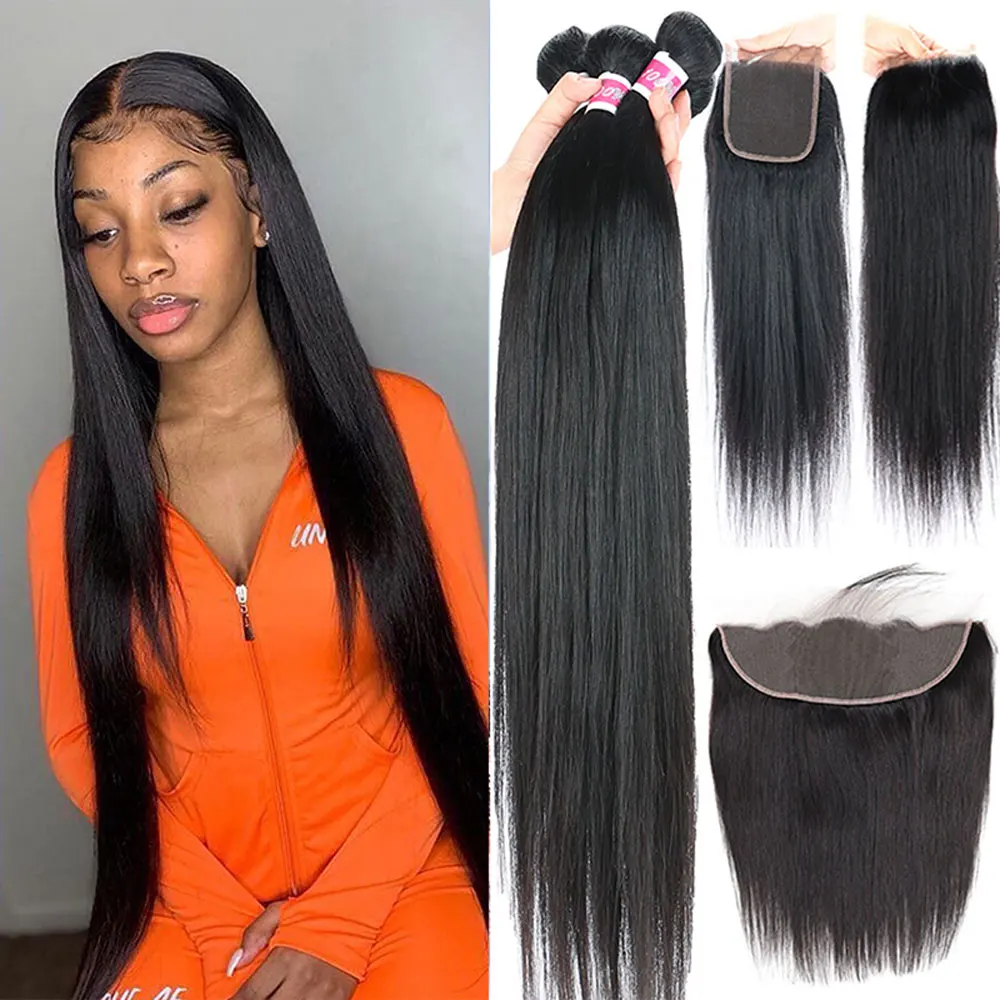 Bone Straight Human Hair Bundles With Closure Brazilian Hair Weave 3/4 Bundles Human Hair With Frontal Remy Hair Bundles