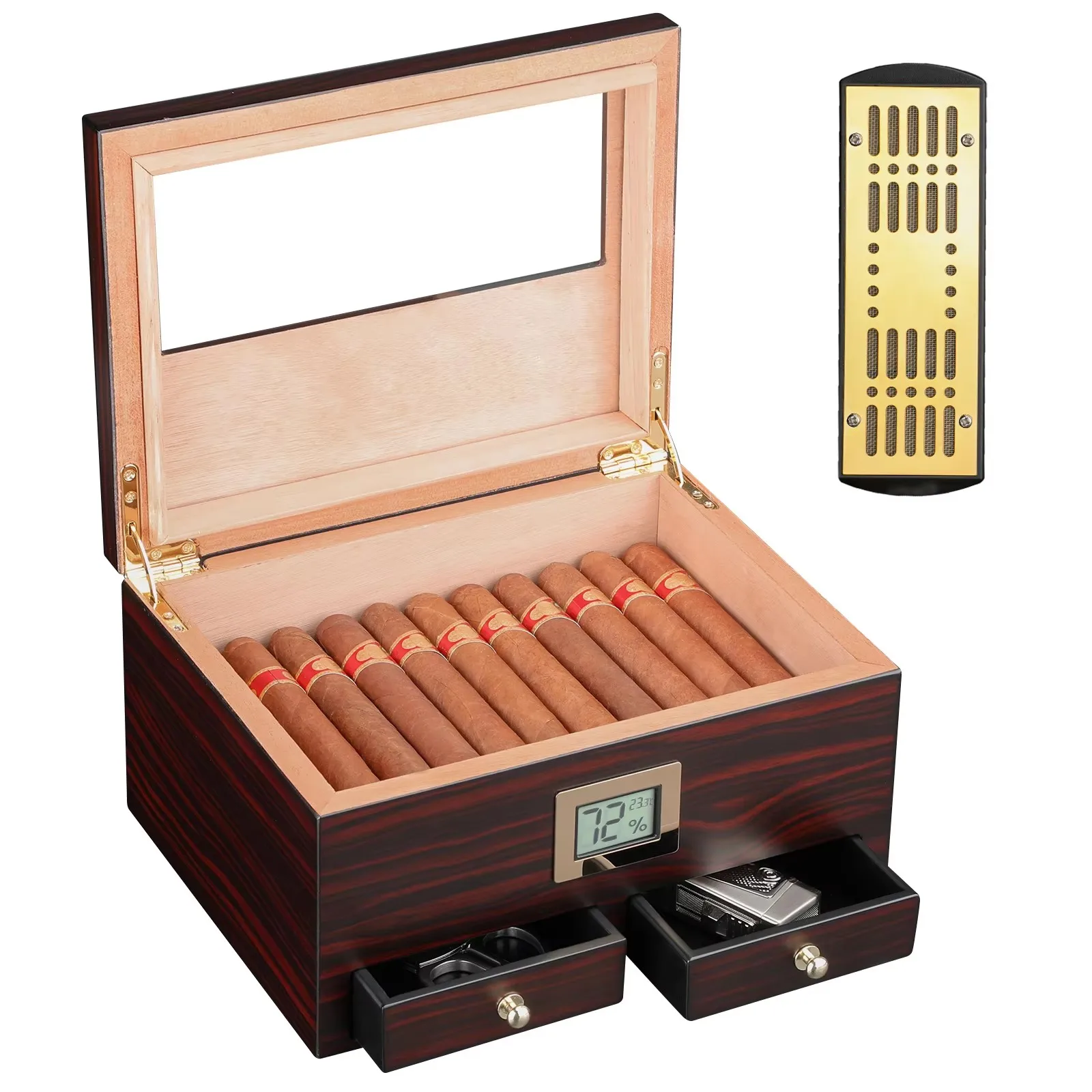 Cedar Wood Cigar Humidor W/Hygrometer Humidifier 2 Drawers Travel Cigarette Storage Box Portable Cabinet Smoking Case For Cohiba