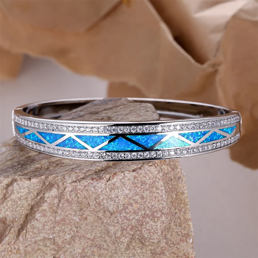 Blue Fire Opal Bangle Triangle Stone Bracelets For Women Vintage Fashion Silver Color Wedding Jewelry Engagement Accessory Gifts