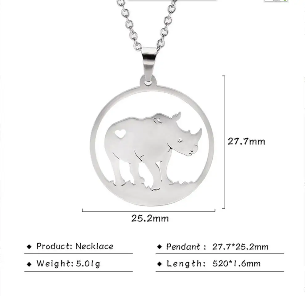 1PC Heart Mascot Rhinoceros Necklaces Wild Animal Rhino Choker Fashion Stainless Steel Neck Jewelry Women Men Gift F1110