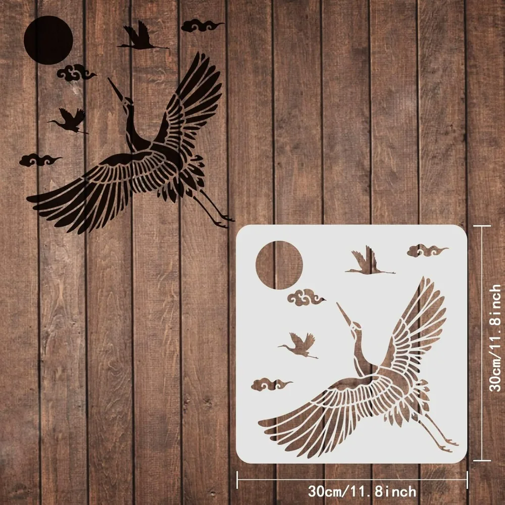 Crane Auspicious Clouds Drawing Painting Stencils Templates (11.8x11.8inch) Plastic Crane Stencils Decoration Square Crane