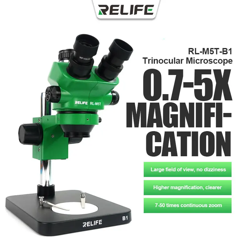 RELIFE RL-M5T-B1 Trinocular HD Stereo Microscope 0.7-50X Optical Objective Lens Coating Objective Lens Focal Length Adjustment