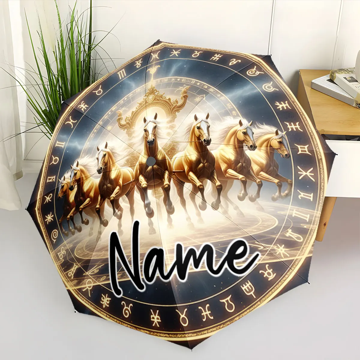 Custom Name Golden Horses Design Umbrella with Zodiac Symbols Print 8 Iron Ribs Folding Umbrella Auto-Open Fashion Sunshade