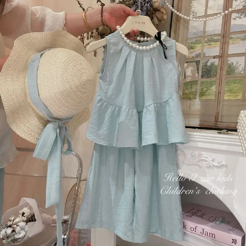 Summer Children's Clothing Set for Girls Teenager Short Sleeve T-Shirt Patchwork with Culottes Wide Leg Pants Thin 4-12 Years