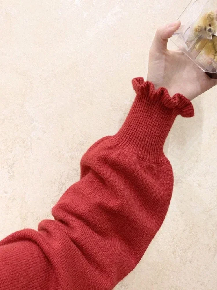 KOSAHIKI Maglione a collo alto con volant Kawaii da donna giapponese vintage morbido ragazza manica a lanterna carino maglione lavorato a maglia Lolita