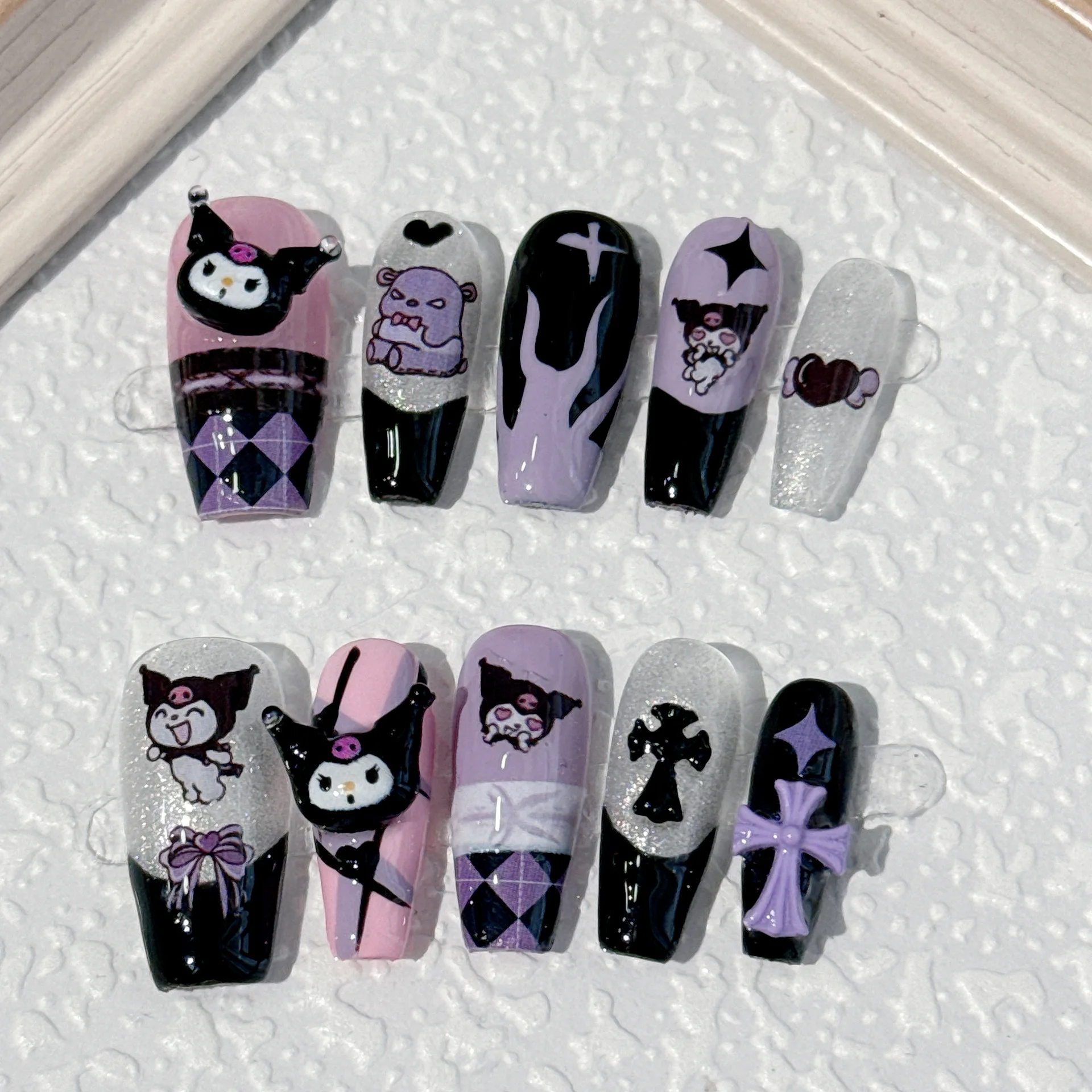 Sanrio Kuromi Cartoon Press on Nails Long Full Cover Stick on French False Nail Tips kawaii Anime Wearable Fake Nails