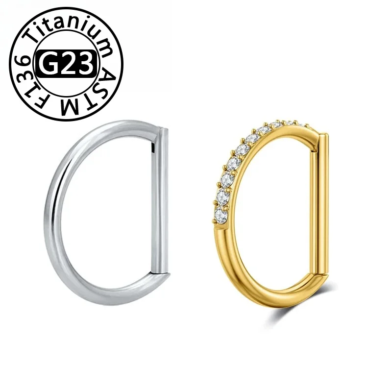2/5pcs G23 Titanium Piercing Nose Ring D Shape Septum Clicker CZ Hinged Earring Lip Half Ring Cartilage Body Jewelry Wholesale