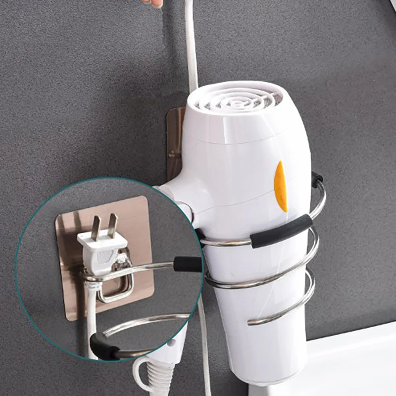 

Hair Dryer Stainless Steel Spiral Stand Holder Wall Mounted Nail Free No Drilling Blower Organizer for Bathroom Shelf Storage