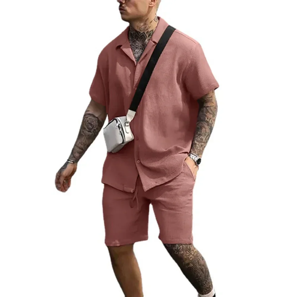 

Summer Solid Casual Losse Men's Sets Soft Single Breasted Shirts Shorts 2 Pieces Sets for Men Fashoin Polo Sweatpants Suit