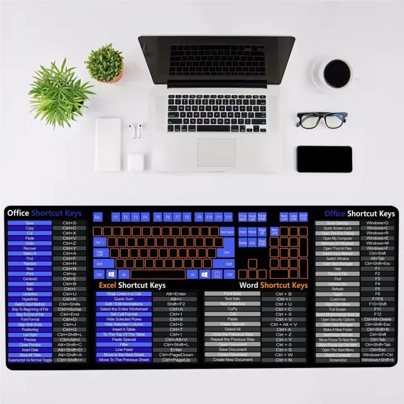 Office Shortcuts Mouse Pad 90x40cm Large Extended Big Keyboard Mousepad For Excel Word Powerpoint Gaming Desk Mat Stitched Edge