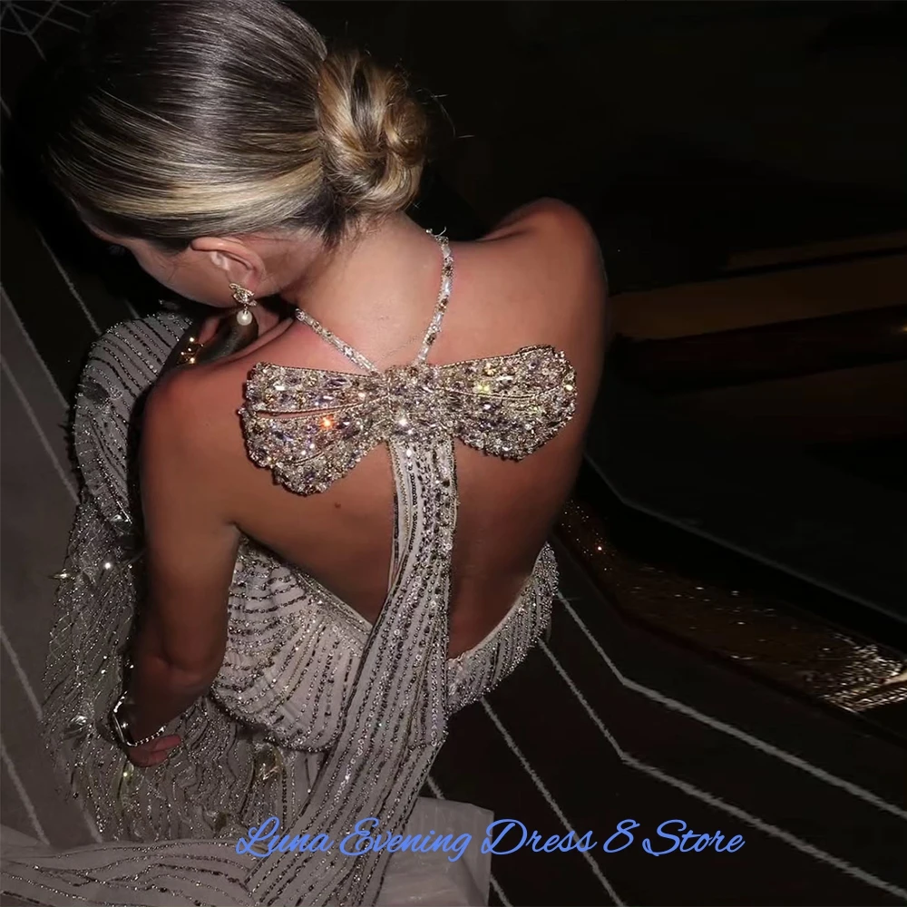 Luxury Halter Tulle Evening Dress Exquisite Watteau Train Customized Party Dresses Delicate Bow Sequined Beading Cocktail Dress image 6