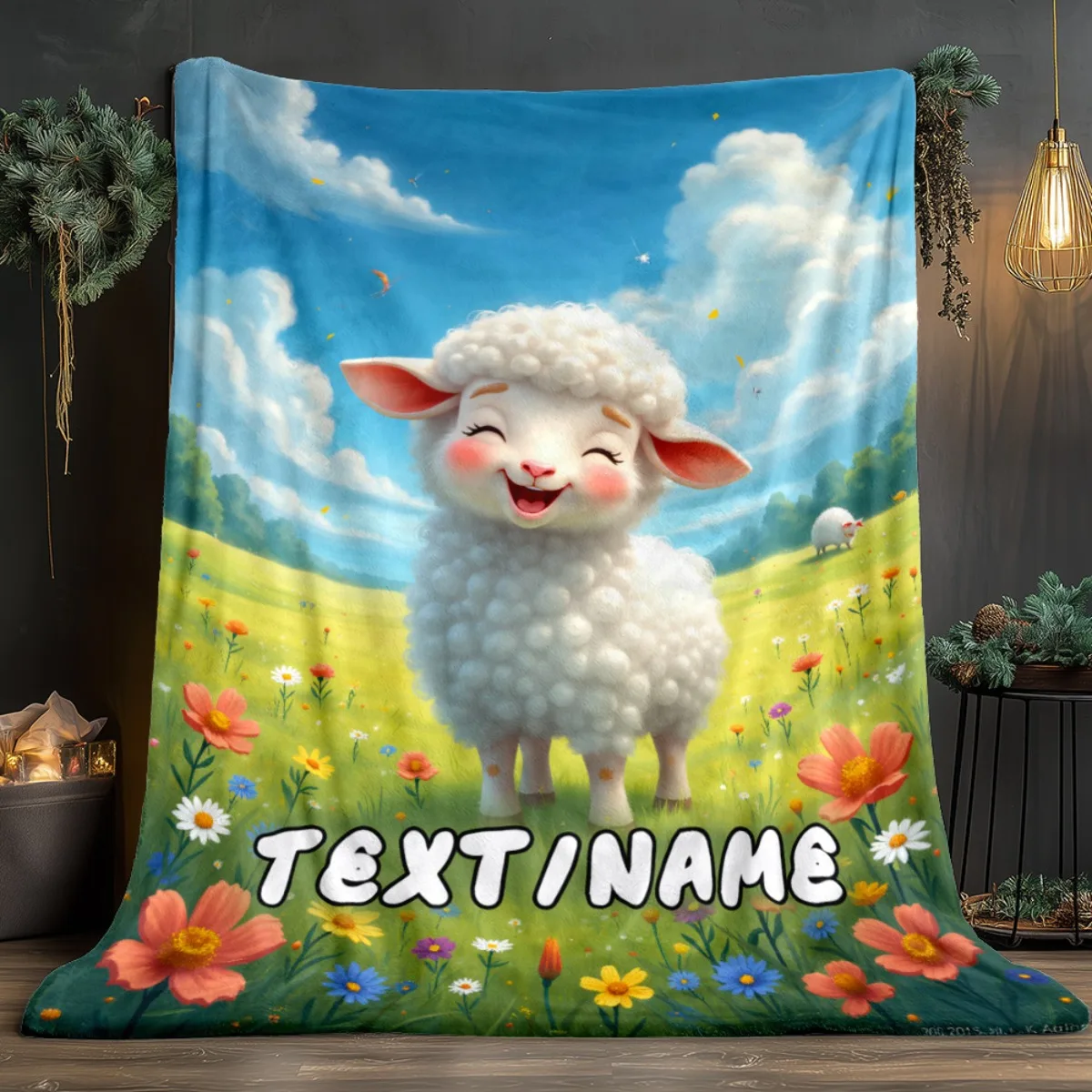 1 piece custom named sheep farm design flannel blanket, lightweight, soft, warm, all season comfortable blanket