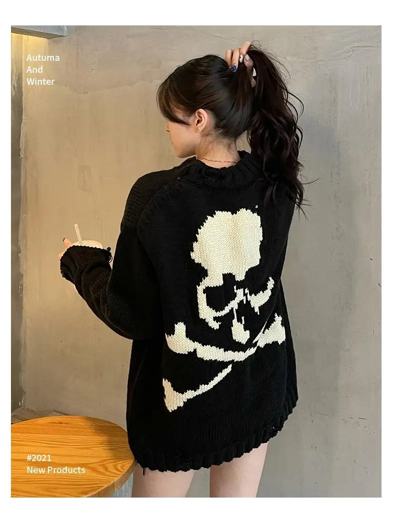 Y2k Dark Skull Loose Retro Knit Sweater For Women Pullover Couple Ins Shirt Fashion Oversized Top Autumn And Winter New