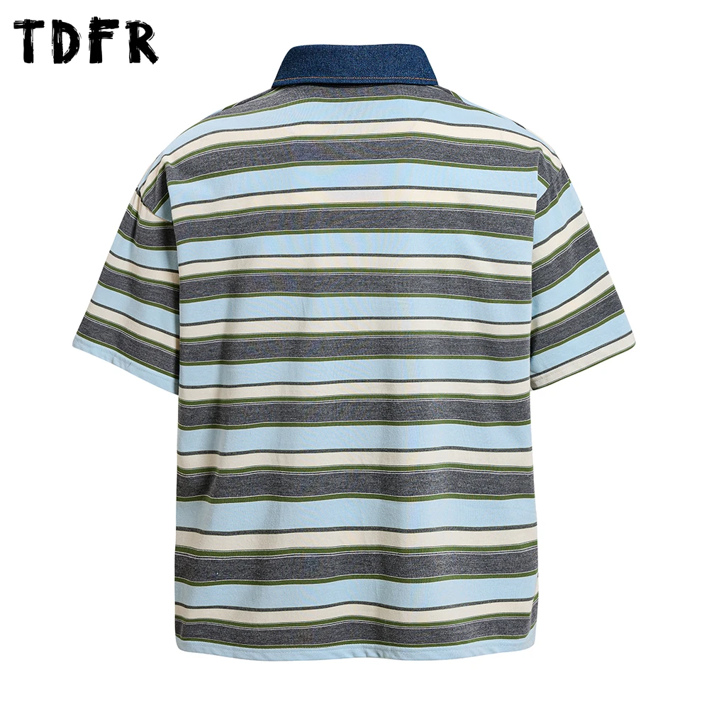 Contrast Paneled Striped Short Sleeve Polo Shirts Mens Letter Embroidery Summer Retro Casual Loose Half-Sleeve Cotton Tee Man