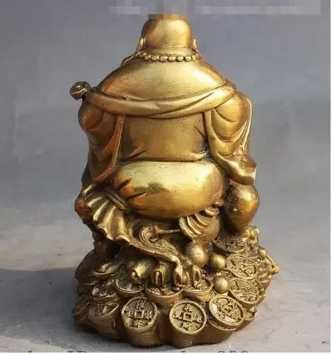 Chinese Buddhiam Brass Wealth Happy Maitreya Buddha Golden Toad Spittor Statue