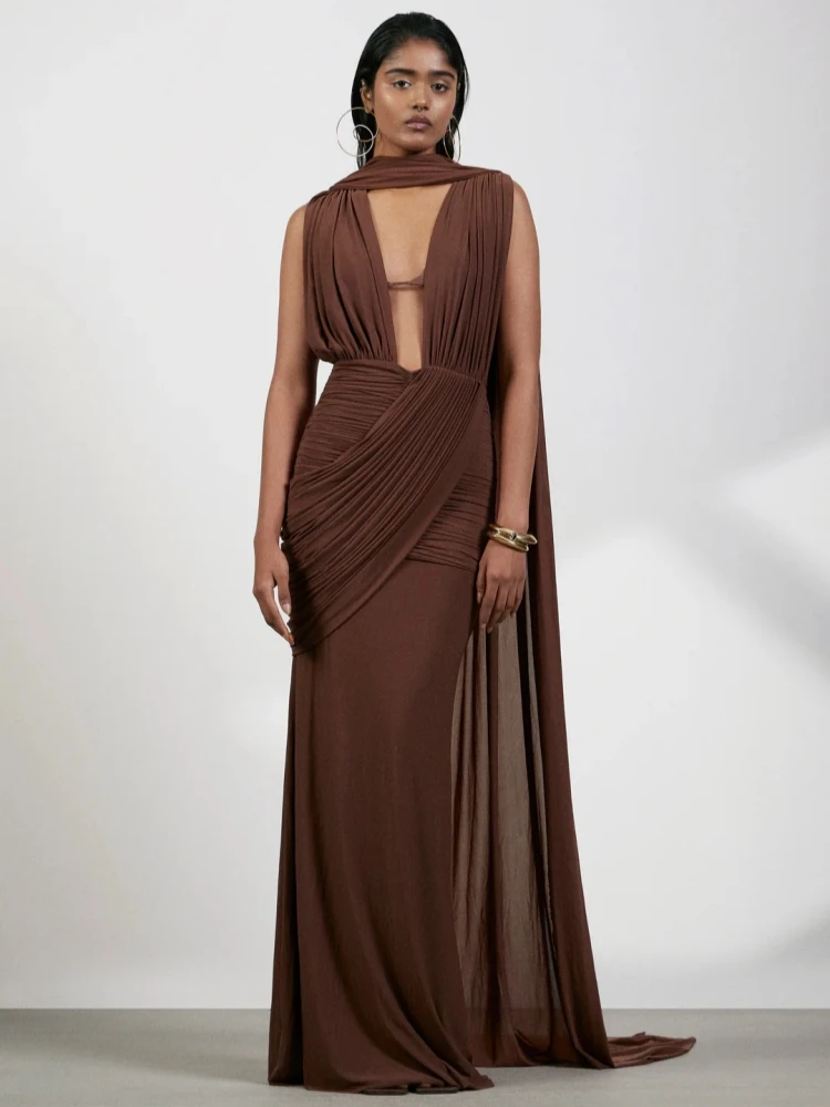 

Sexy Halter Neck Hollow Out Pleated Long Dress Women Brown Sleeveless Backless Folds Draped Slim Dresses Evening Party Gowns