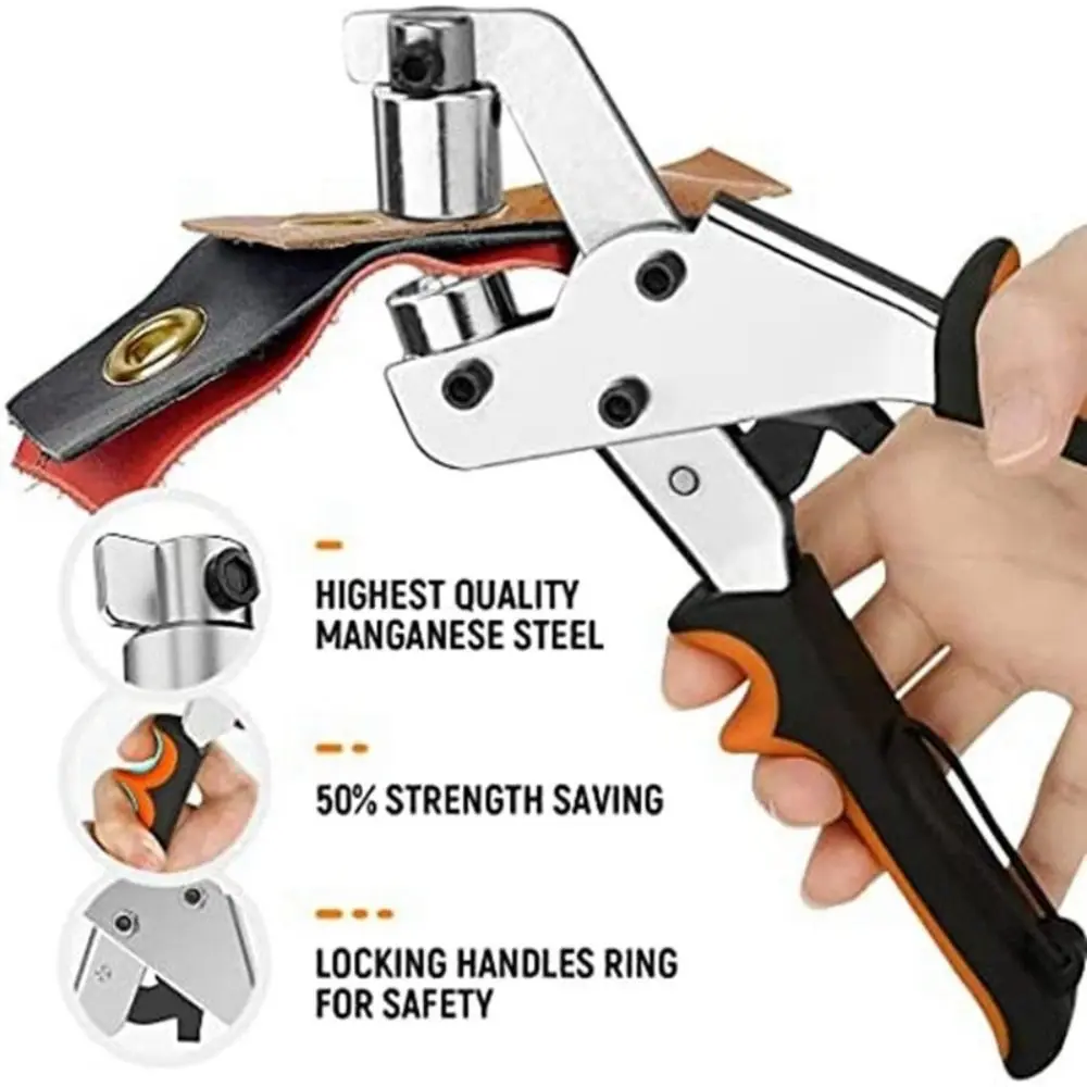 3/8'' 10mm Size Metal Eyelets Kit Punch Pliers Leathercraft Manual Puncher with 100 Eyelets Metal Material