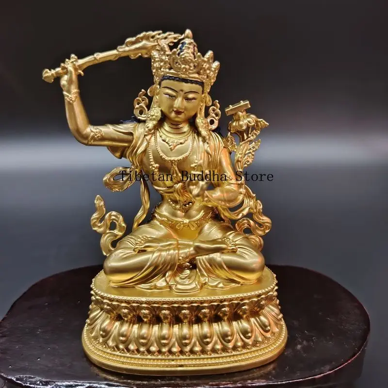 Gilt painted face pure copper two arms Manjushri Bodhisattva holding sword Manjushri bronze statue Tibetan Tantra Buddhist hall