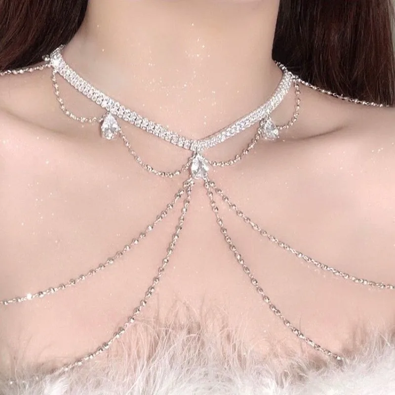 Shoulder Chain Necklace Fashion Waist chain accessories Tassel Multi-layer Body Chain Super Flash Rhinestones Dress Decoration